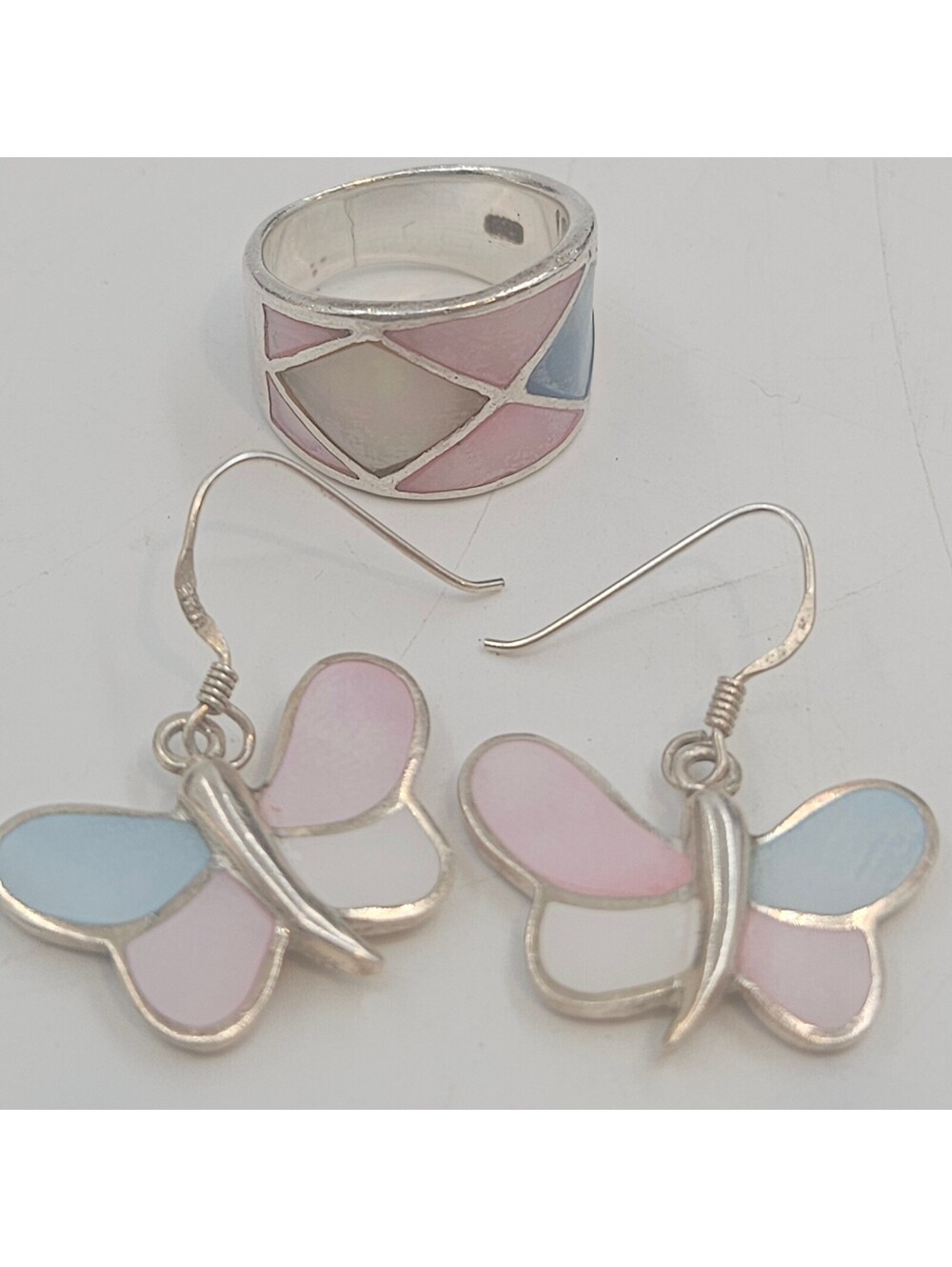 Vintage Sterling Mother of Pearl Inlay Mosaic Ring and Butterfly Earring Set